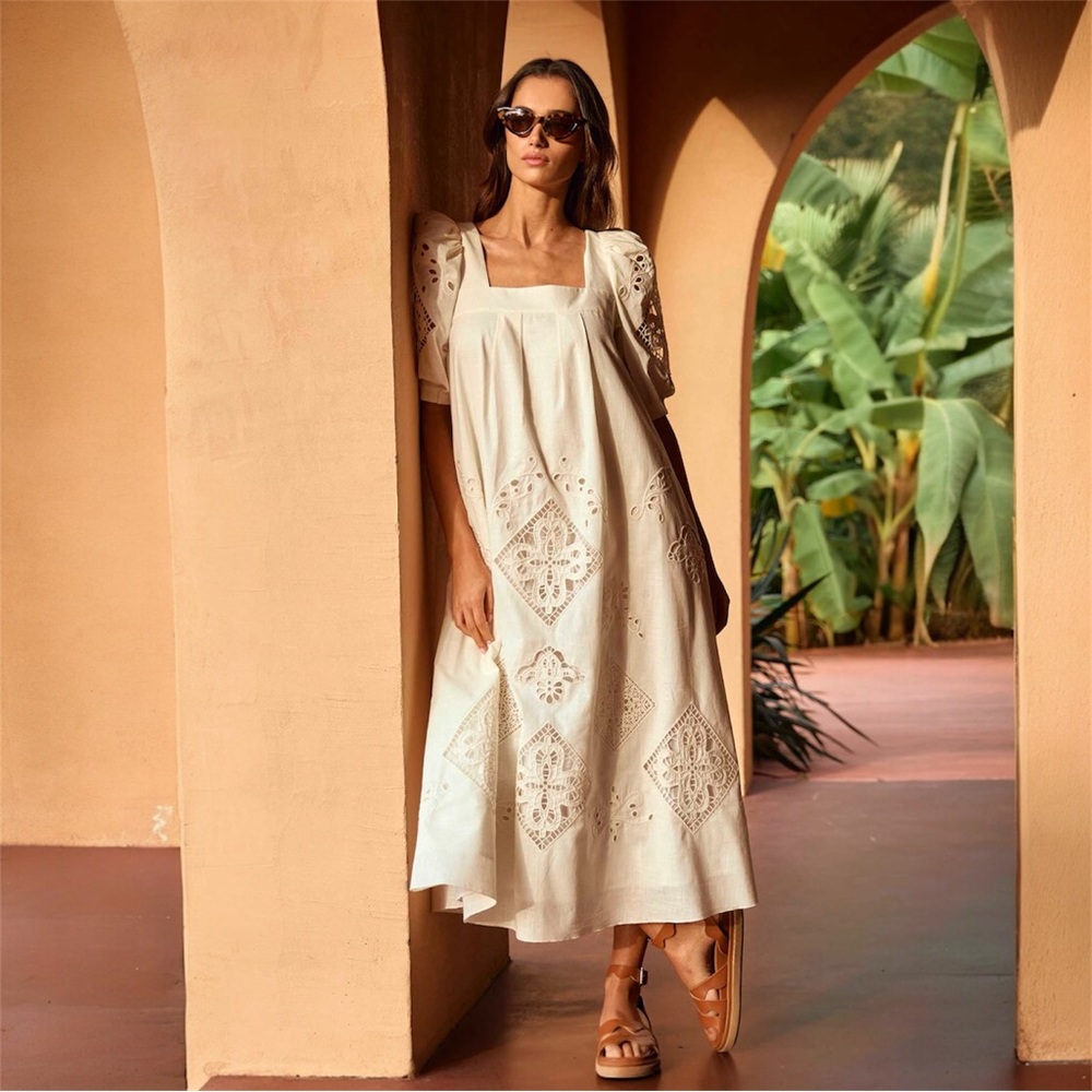 Hunter Bell Waverly Cream Eyelet Midi Dress Cotton Size Medium NWOT